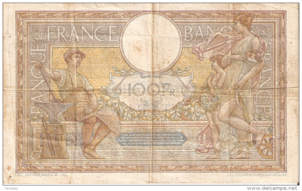 BILLETE DE FRANCIA DE 100 FRANCOS DEL 28-6-1913 LUC OLIVIER MERSON  (BANKNOTE) RARO - 100 F 1908-1939 ''Luc Olivier Merson''