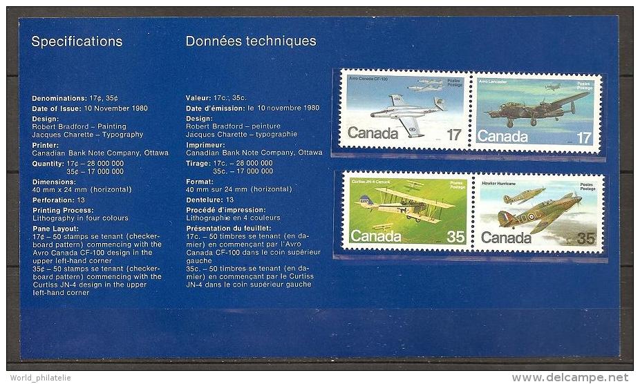 Canada 1980 N° 752 / 5 ** Document, Aviation Canadienne, Avions Militaires, Avro Lancaster, Hawker Hurricane, Curtiss - Cartas & Documentos