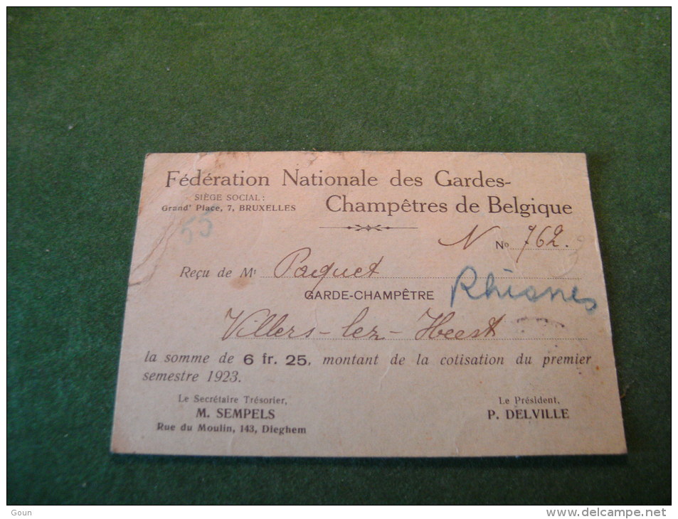 BC5-2-0 Carte Fédération Nationale Garde Champetre De Belgique 1923 De Rhisnes Villers Lez Heest - Cartes De Visite