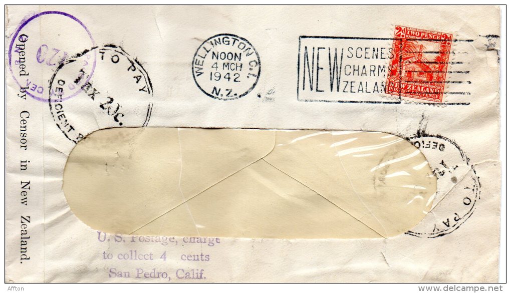 New Zealand 1942 Censored Cover Mailed To USA Postage Due - Covers & Documents