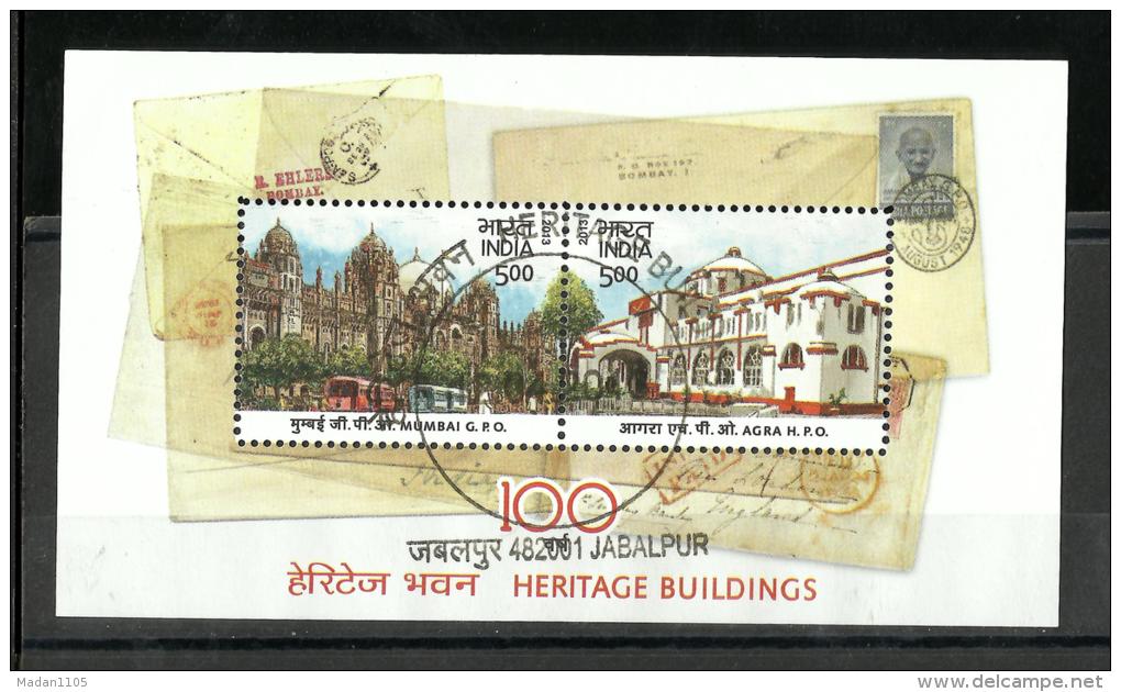 INDIA,  2013,  Heritage Buildings,  Mumbai GPO & Agra  HPO,    Miniature Sheet, , First Day Cancellation - Gebraucht