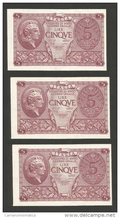 ITALIA - Luogotenenza - 5 Lire "ATENA ELMATA" - 5 Banconote Con Serie Consecutiva (Decr. 23/11/1944) - Italia – 5 Lire