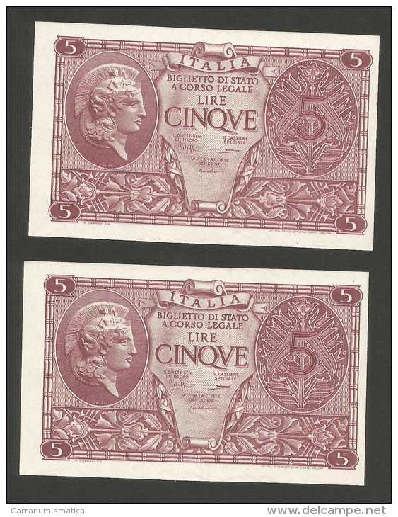 ITALIA - Luogotenenza - 5 Lire "ATENA ELMATA" - 5 Banconote Con Serie Consecutiva (Decr. 23/11/1944) - Italia – 5 Lire