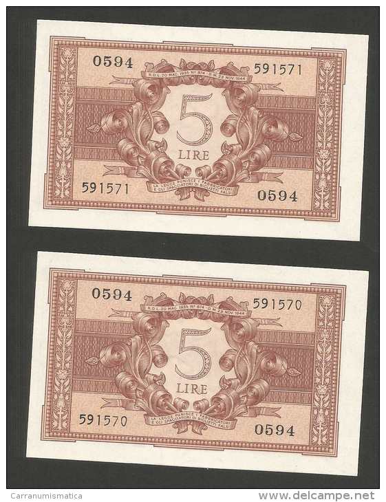 ITALIA - Luogotenenza - 5 Lire "ATENA ELMATA" - 5 Banconote Con Serie Consecutiva (Decr. 23/11/1944) - Italië– 5 Lire