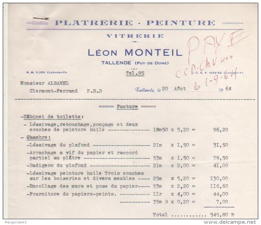 FACTURE LEON MONTEIL PLATRIER PEINTRE à TALLENDE (PUY DE DOME) 1964 - Autres & Non Classés