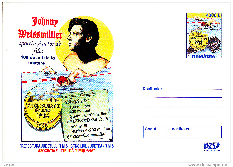 JOHNNY WEISSMULLER, ACTOR, SWIMMER, COVER STATIONERY, ENTIERE POSTAUX, 2004, ROMANIA - Cinema