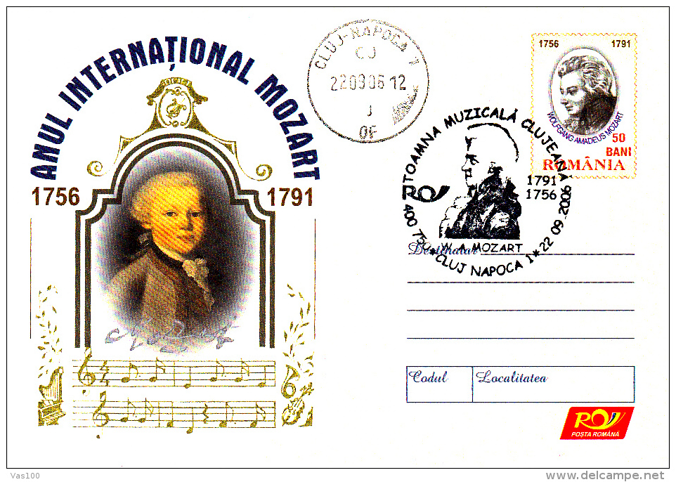 WOLFGANG AMADEUS MOZART, COMPOSER, COVER STATIONERY, ENTIERE POSTAUX, OBLIT CONC, 2006, ROMANIA - Music