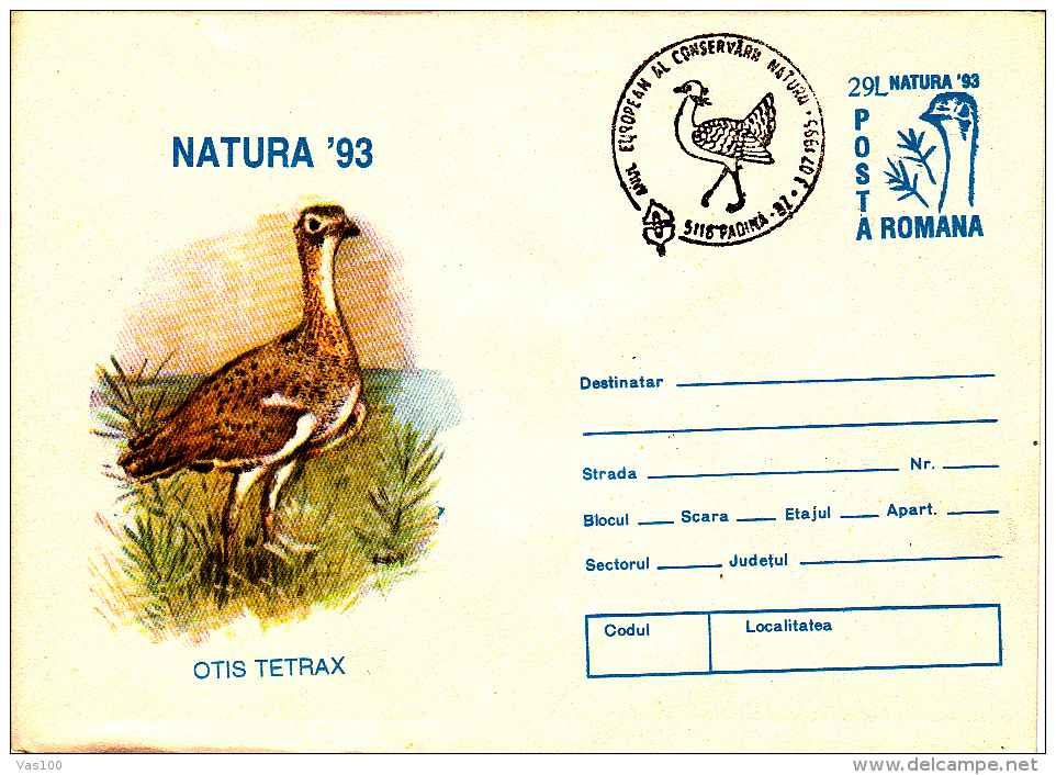 BIRDS, OTIS TETRAX, COVER STATIONERY, ENTIERE POSTAUX, 1995, ROMANIA - Storks & Long-legged Wading Birds
