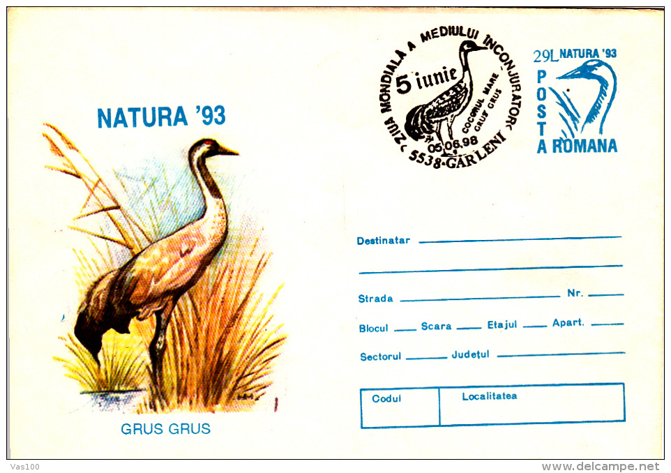 BIRDS, GRUS GRUS, COVER STATIONERY, ENTIERE POSTAUX, 1998, ROMANIA - Ooievaars