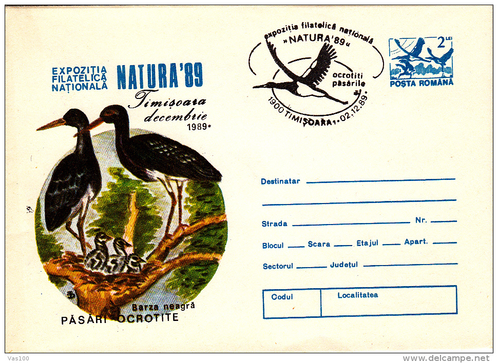 BIRDS, BLACK STORK, COVER STATIONERY, ENTIERE POSTAUX, 1989, ROMANIA - Cygnes