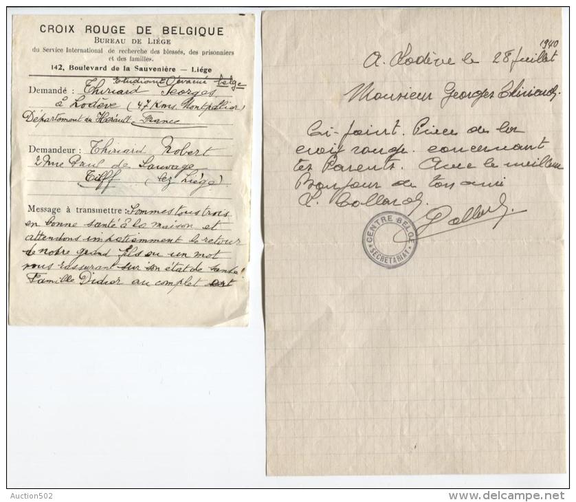 2 Documents Dont L'un écrit De Lodève Hérault Et C.centre Belge + 1 Demande D1 Habitant De Tilff PR194 - Croix-Rouge