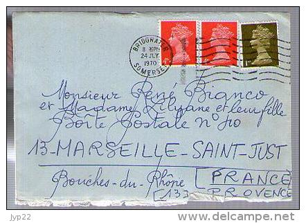 Angleterre Grande Bretagne Lettre CAD Bridgwater 24-07-1970 / Tp Queen Elizabeth Pour Marseille Saint Just France - Storia Postale