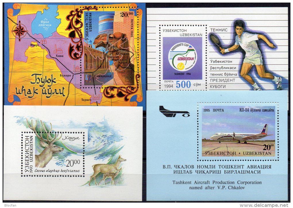 Set Usbekistan Block 1,3,6 Plus 8 ** 13€ Flugzeug IL114 Bf WWF M/s Tennis Bloc Aircraft Sheet Art Minarett Of Uzbekistan - Usbekistan