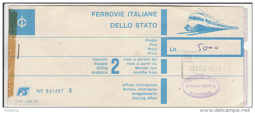 B0832 - BIGLIETTO TRENO - FERROVIE DELLO STATO - SANREMO-NICE 1984 - Europe