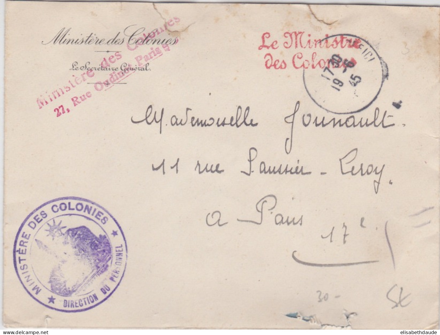 1945 - ENVELOPPE En FRANCHISE Du MINISTRE Des COLONIES - Burgerlijke Brieven Zonder Portkosten