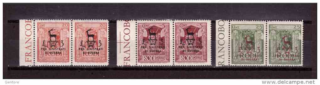 1944 RODI  For The Victims Of The War  Odd Value   Sassone Cat. N° 126-128-129 X 2 Absolutely Perfect  MNH ** - Egeo (Rodi)