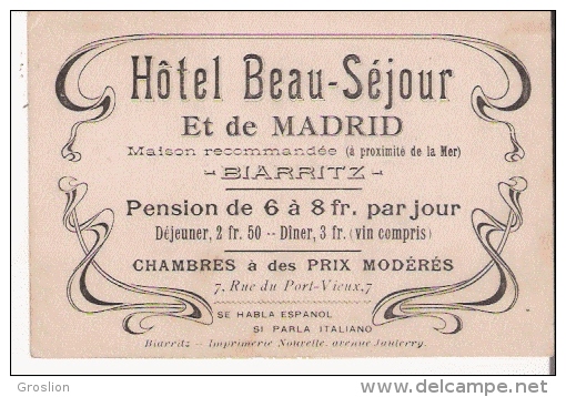 BIARRITZ CARTE DE VISITE ANCIENNE DE L'HOTEL BEAU SEJOUR ET DE MADRID - Tarjetas De Visita