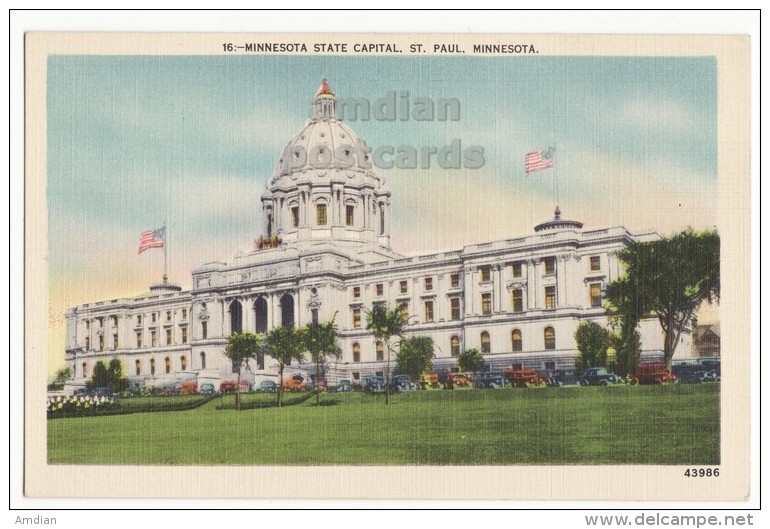 USA, MINNEAPOLIS MN ~ STATE CAPITOL BUILDING ~ C1930-1940s MINNESOTA Unused Vintage Postcard ~VINTAGE CARS  [4002] - Minneapolis