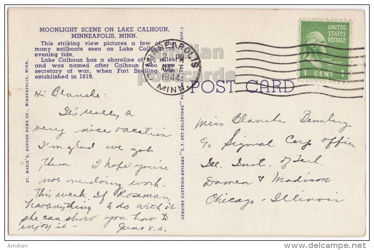 LAKE CALHOUN MOONLIGHT SCENE~MINNEAPOLIS MN 1940s Postcard~SAILBOATS~DUSK VIEW  [4003] - Minneapolis