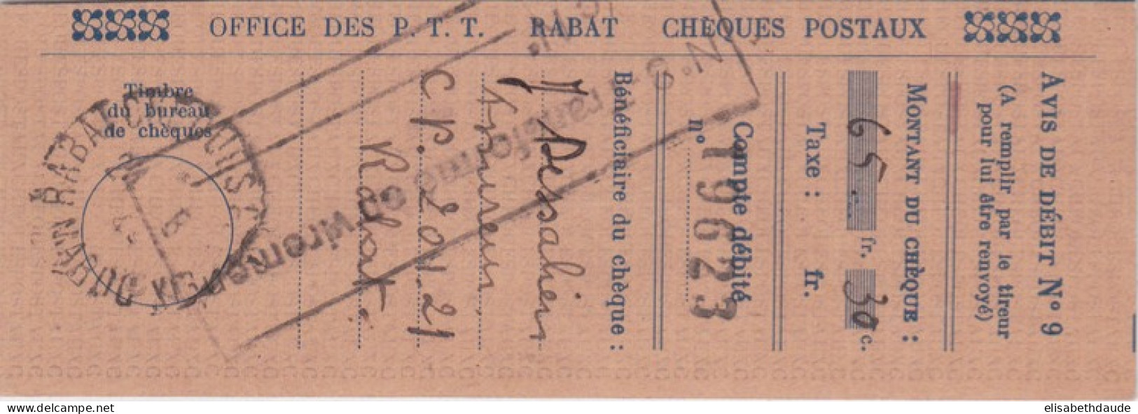 MAROC - 1944 - RECEPISSE D'AVIS De DEBIT D'un CHEQUE POSTAL De RABAT - Lettres & Documents