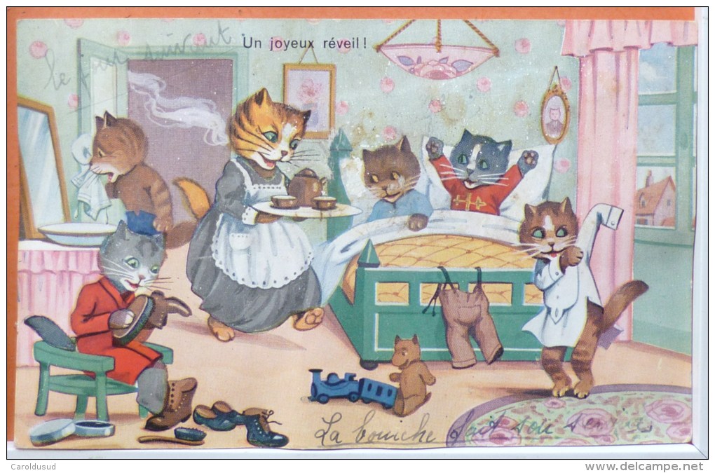 CPA Litho Illustrateur Famille Chats Chat Humanisé Un Joyeux Reveil Jeu Jouet Train Ours Peluche Lit Dejeuner - Dressed Animals