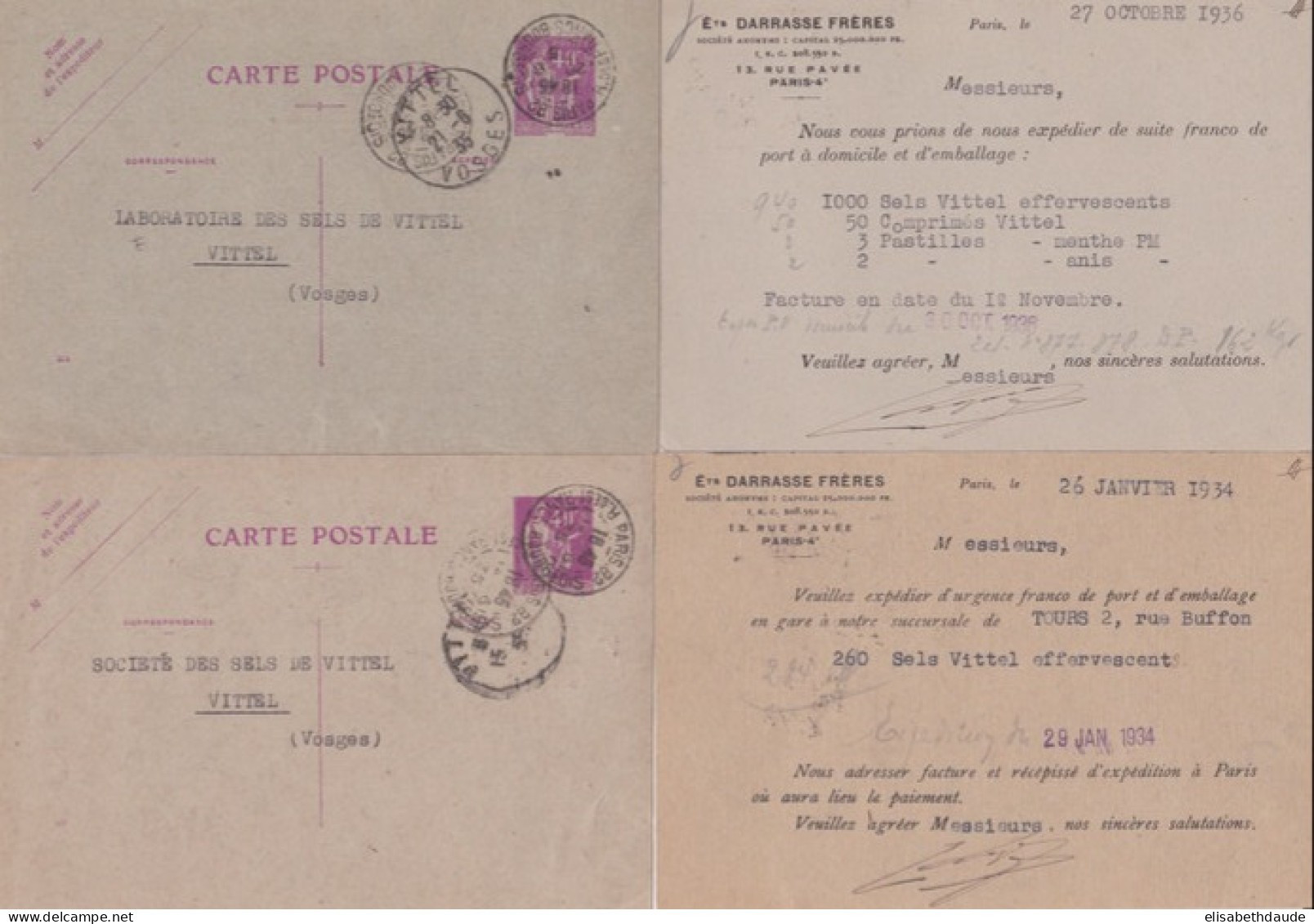 1934/36 - 4 CARTES ENTIER TYPE "PAIX" DIFFERENTES Avec REPIQUAGE PRIVE "ETS DARRASSE" à PARIS - Cartoline Postali Ristampe (ante 1955)
