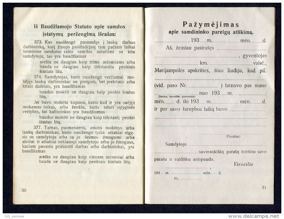 1937 Lithuania Lietuva /Agricultural Workers Workbook - Alte Bücher