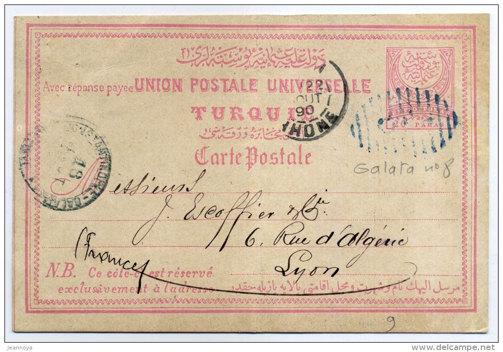 TURQUIE - ENTIER POSTAL  20 PARAS ROSE, OBL. CACHET A BARRES N° 8 DE GALATA, LE 18/8/1890 POUR LYON - TB - Ongebruikt