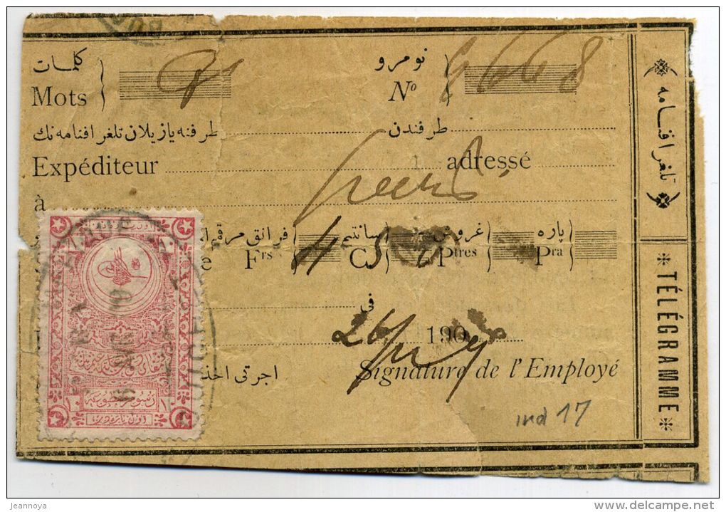 TURQUIE - TIMBRE FISCAL SUR RÉCÉPISSÉ DE TÉLEGRAMME DU 6/4/1909 - B & RARE - Ongebruikt