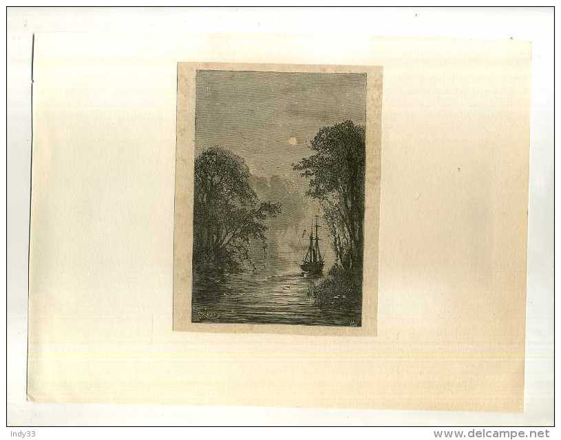 - BATEAU SUR UN FLEUVE . GRAVURE SUR BOIS DU XIXe S. DECOUPEE ET COLLEE SUR PAPIER . - Arte