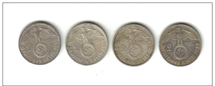 Lot 4 Pièces De 2 Reichsmark Argent (Jaeger 366) 1937 A, 1938 A, 1939 A Et 1939 G - 2 Reichsmark