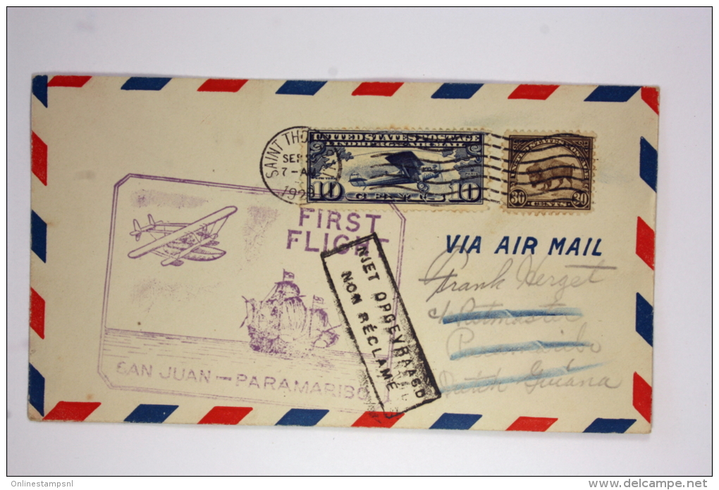 Suriname: Airmail Cover 1929 First  FlightSan Juan To Paramaribo 1929, Box With Non Reclamé, Lindbegh Panam AAMC 56 - Suriname ... - 1975