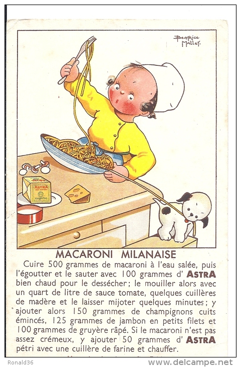 CP Illustrateur Pub ASTRA MARGARINE Macaroni Milanaise Milan  Fillette Petit Chien Béatrice MALLET Pub LA SAMARITAINE - Mallet, B.