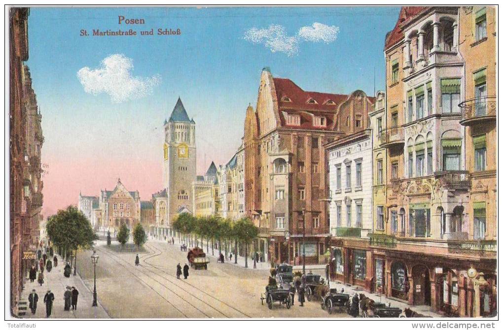 Posen St Martinstrasse Und Schloß Color Geschäfte Pferde Kutsche Oldtimer Feldpost 1.2.1917 - Posen