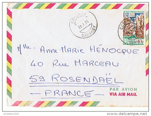 LETTRE AVION DEPART COTONOU DAHOMEY Pour  ROSENDAEL ( NORD ) FRANCE 1970 - Briefe U. Dokumente