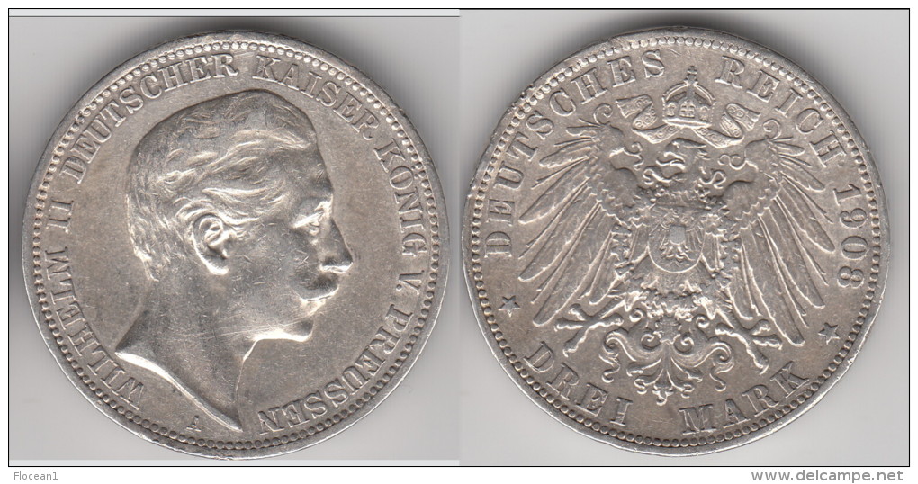 **** PREUSSEN - PRUSSIA - ALLEMAGNE - GERMANY - 3 MARK 1908 A WILHELM II - ARGENT - SILVER **** EN ACHAT IMMEDIAT !!! - 2, 3 & 5 Mark Silber