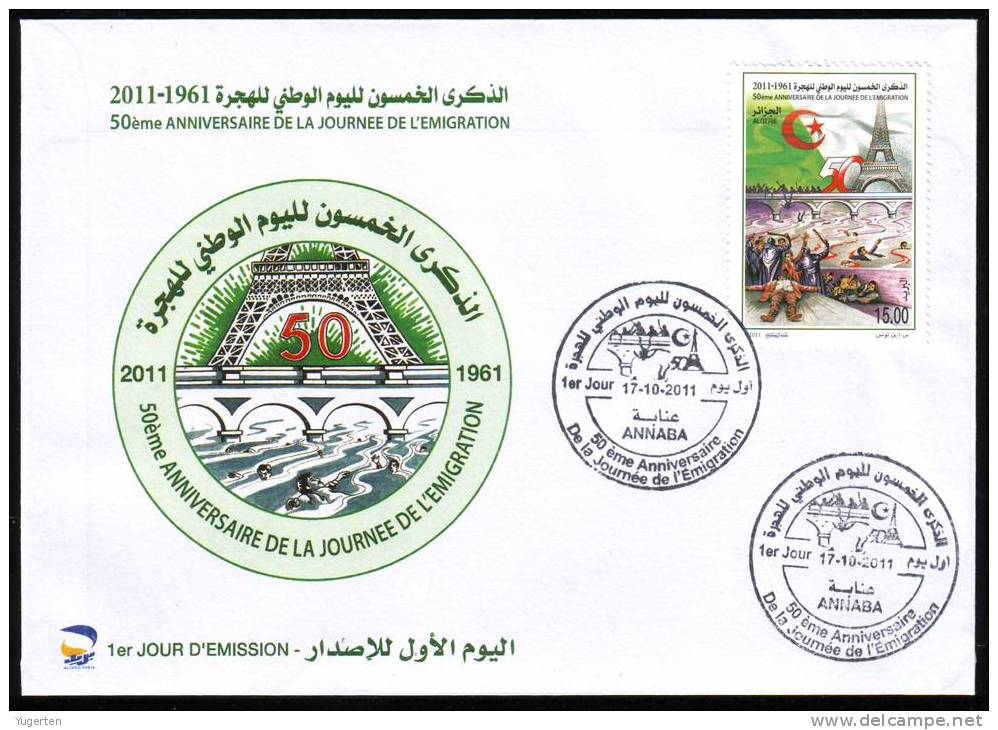 ALGERIE - ALGERIA - 2011- Oblitération Annaba RARE - Emigration - Tour Eiffel- Timbre Erroné -FDC Officiel - - Oddities On Stamps