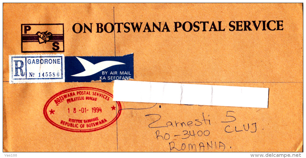 RED MACHINE STAMP ON AIRMAIL REGISTERED COVER, SENT TO ROMANIA, 1994, BOSTWANA - Botswana (1966-...)