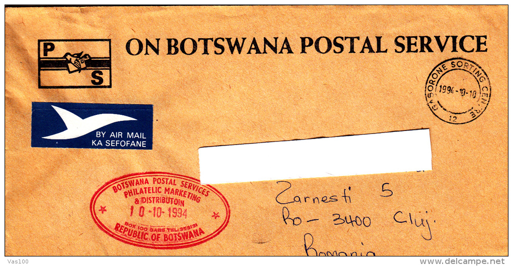 RED MACHINE STAMP ON AIRMAIL COVER, SENT TO ROMANIA, 1994, BOSTWANA - Botswana (1966-...)
