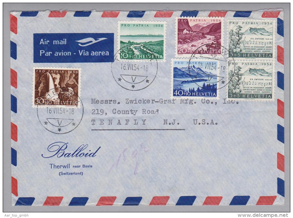 Schweiz Pro Patria 1954-07-16 Therwil Luftpostsatzbrief 15 Gr. Nach Tenafly NY USA - Lettres & Documents