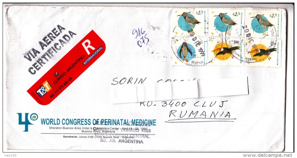 PENGOUINS, BIRDS STAMPS ON AIRMAIL COVER, SENT TO ROMANIA, 1999, ARGENTINA - Storia Postale