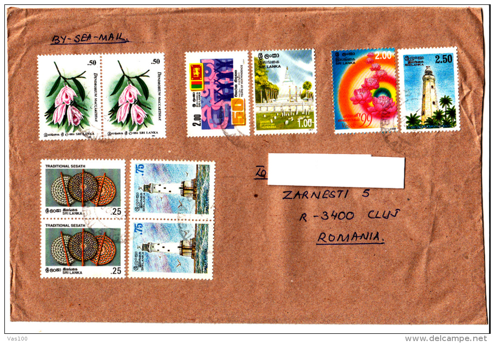 LIGHTHOUSES, FLOWERS, TRADITIONAL ART, TEMPLE, STAMPS ON SEA-MAIL COVER, SENT TO ROMANIA, 1999, SRI LANKA - Sri Lanka (Ceylon) (1948-...)
