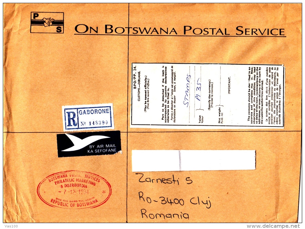 RED MACHINE STAMP ON REGISTERED AIRMAIL COVER, SENT TO ROMANIA, 1994, BOSTWANA - Botswana (1966-...)