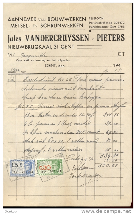 Factuur Brief Lettre Gent - Aannemer Bouwwerken Jules Vandercruyssen - Pieters 1944 - 1900 – 1949