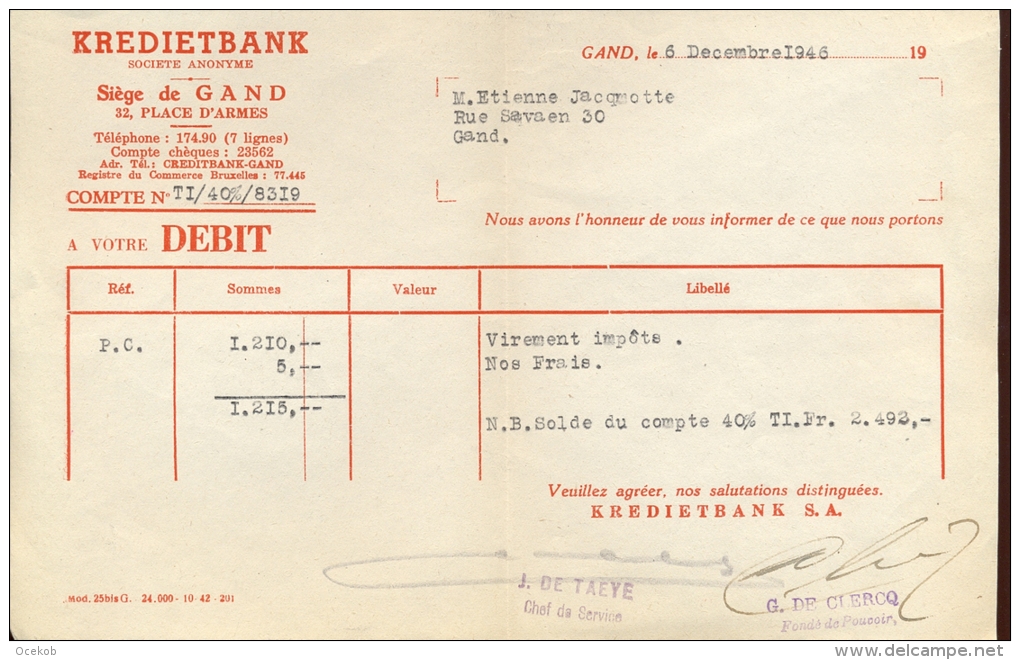 Factuur Brief Lettre Gent - Kredietbank - 1946 - 1900 – 1949
