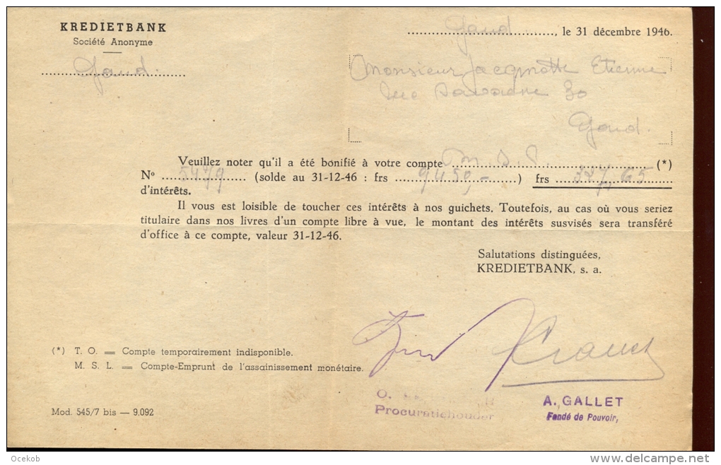 Factuur Brief Lettre Gent - Kredietbank - 1946 - 1900 – 1949