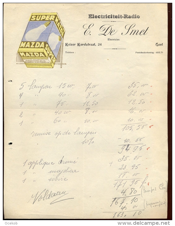 Factuur Brief Lettre Gent - Electriciteit Radio E. De Smet - Pub. Reclame Mazda Lampen 1937 - 1900 – 1949
