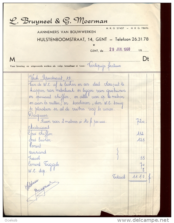 Factuur Brief Lettre Gent -  Aannemer Bouwwerken Bruyneel & Moerman 1960 - 1950 - ...