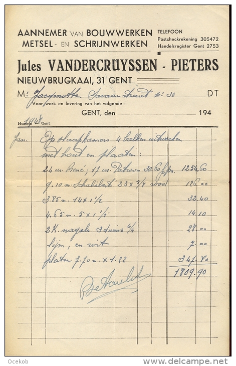 Factuur Brief Lettre Gent - Aannemer Bouwwerken Jules Vandercruyssen - Pieters 1948 - 1900 – 1949