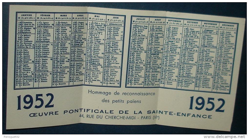 Calendrier Oeuvre Pontificale De La Sainte Enfance 1952.Format Pliée En Trois 10X6,5 - Tamaño Pequeño : 1941-60
